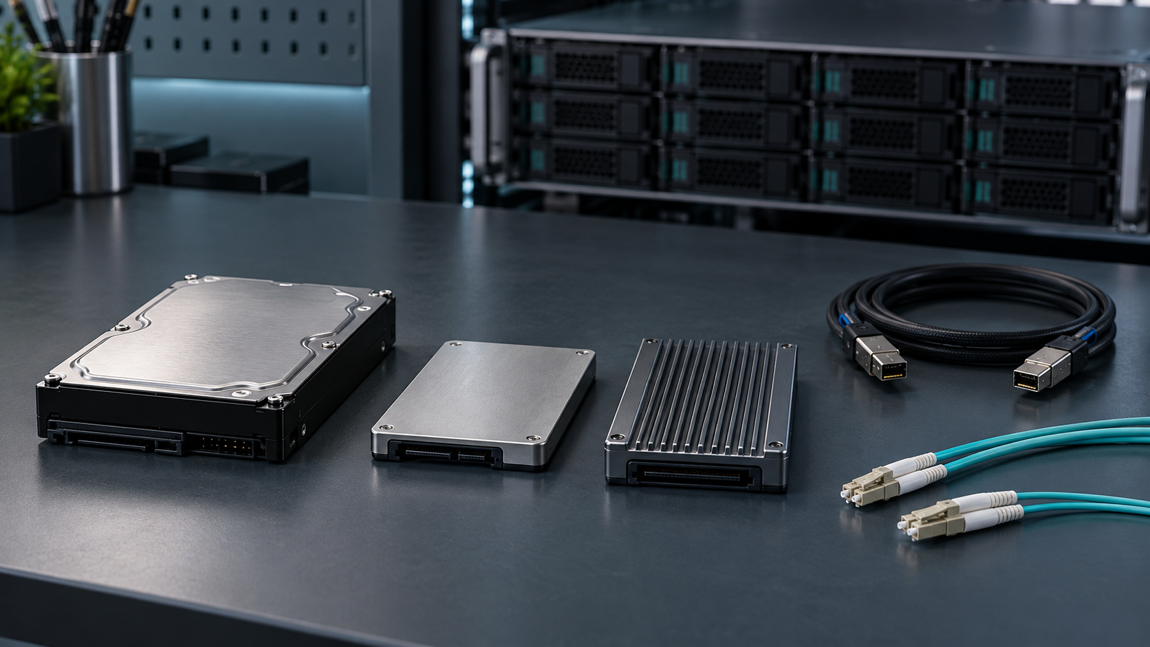 Real enterprise hard disk, SAS solid-state drive, U.2 NVMe drive, SAS cable, fiber cables, and rackmount disk shelf on an antistatic workbench